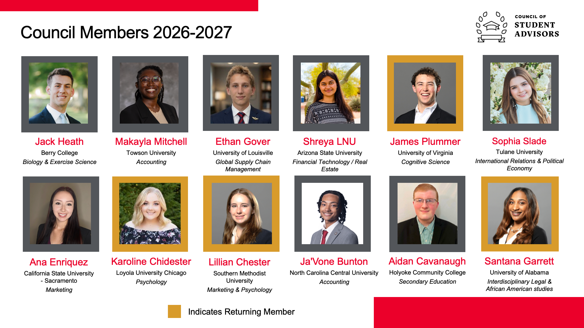 A photo showing all twelve members of the Aramark Council of Student Advisors.
